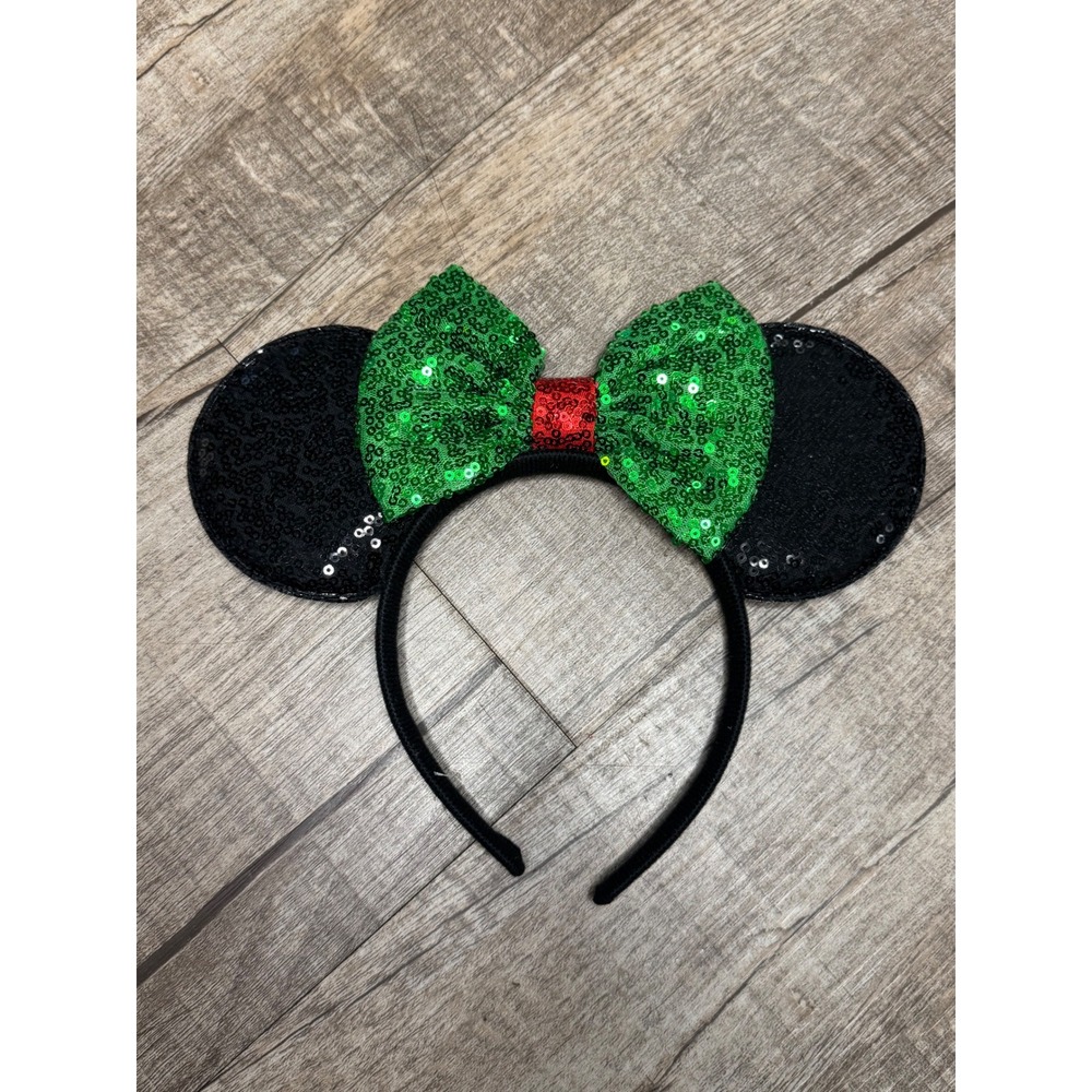 Minnie Mouse Sequin Ears Headband Christmas Green Bow Black Holiday Accessory